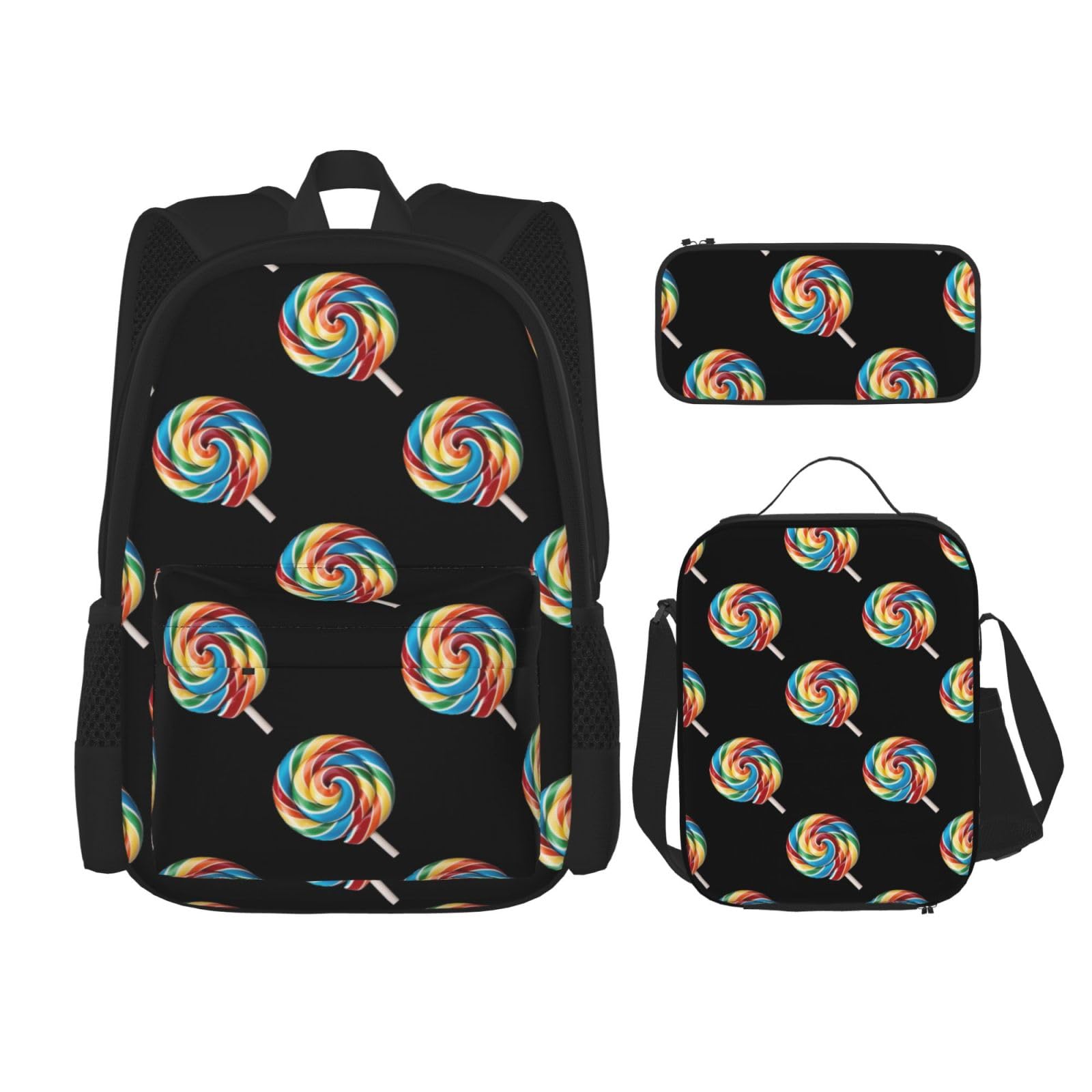 Juego de 3 mochilas escolares con estampado de piruletas, mochila para laptop resistente al agua de gran capacidad con bolsa de almuerzo aislada y estuche para lápices para adolescentes de