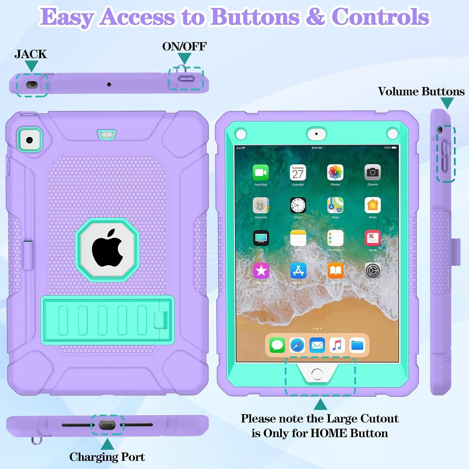 LTROP Case for iPad 6th/ 5th Generation & iPad Air 2, Slim Protective 9.7 Inch iPad Case with Pen Holder and Kickstand, Purple/Green Purple and Green