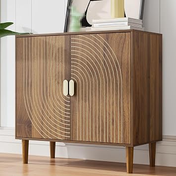 Lines Sideboard Cabinet Walnut Buffet Cabinet with Adjustable Shelves, Wood Kitchen Storage Cabinet 31.3" W x 15.0" D x 30.6" H