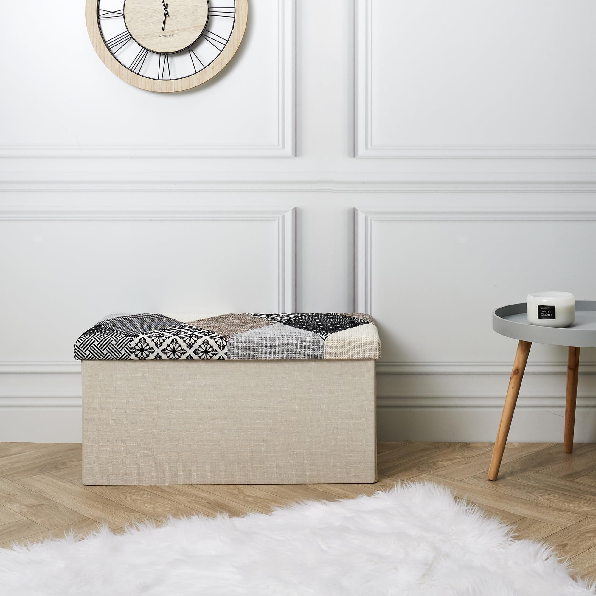 HOME DECO FACTORY Chest, Bench, Patchwork, Grey, Bench, Foldable, for Living Room, Bedroom, Dining Room, Multicoloured, 76 x 38 x 38 cm