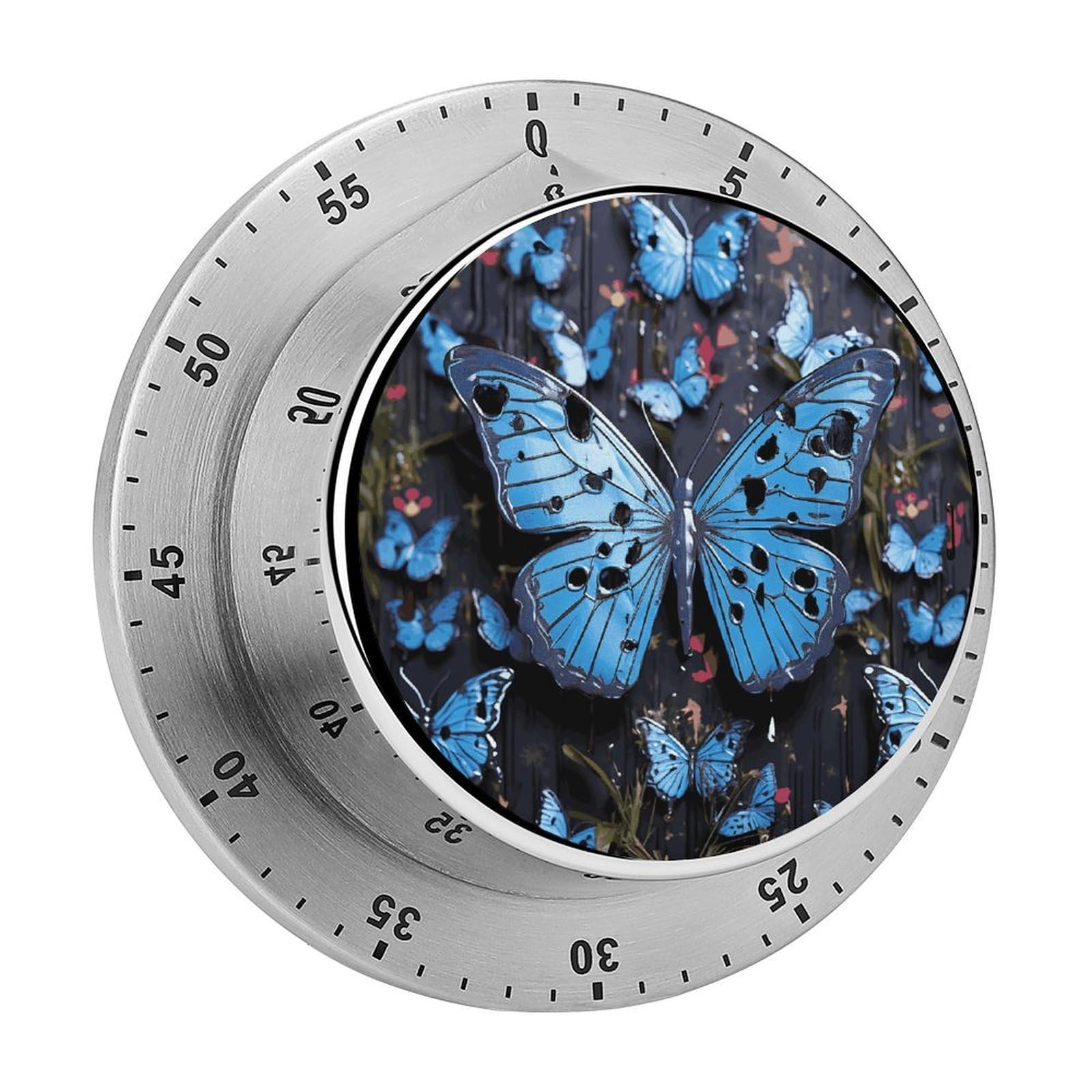 Temporizador de cocina mecánico de 60 minutos con imán y alarma fuerte de mariposa azul