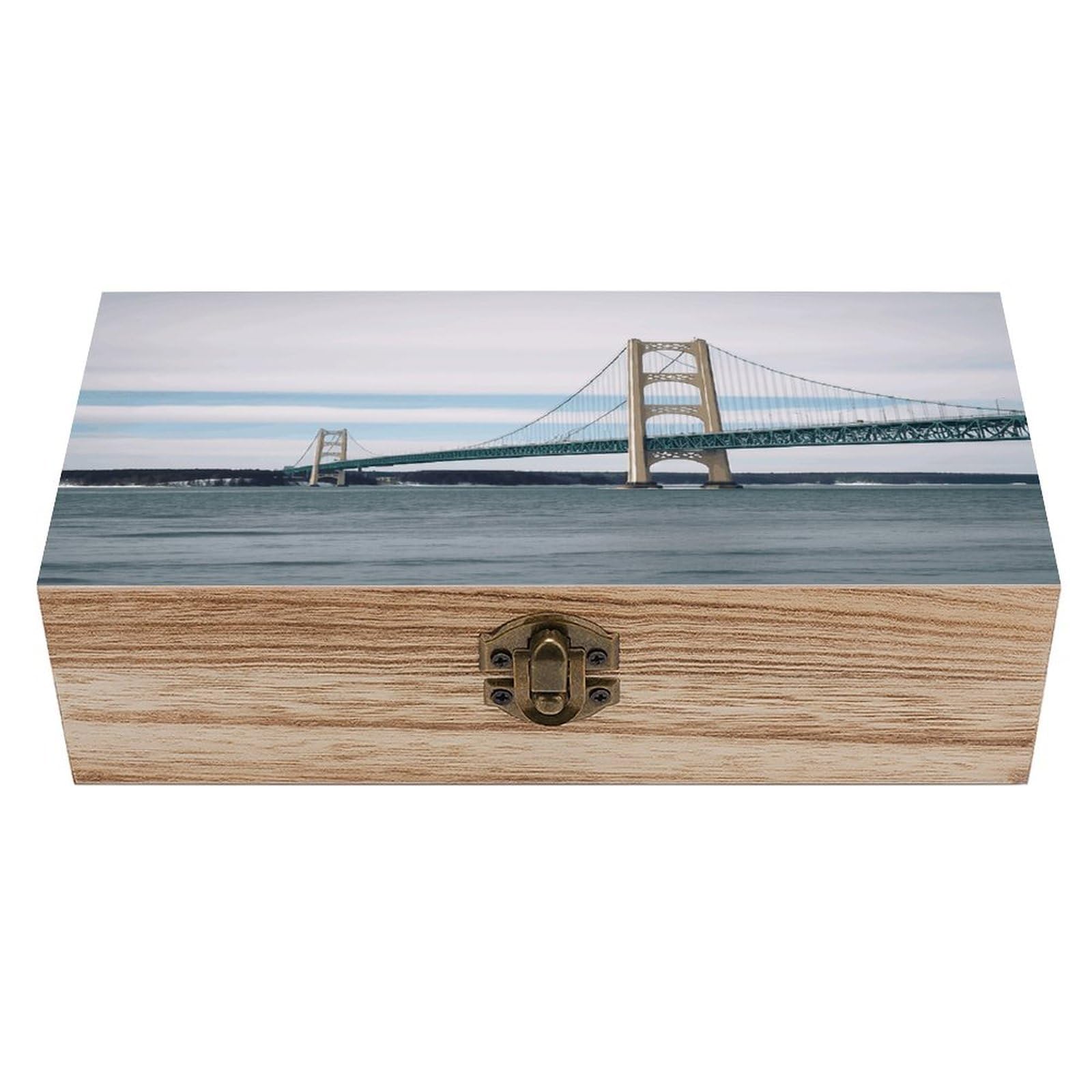 VstaDank Mackinac Suspension Bridge Wooden Storage Box with Hinged Lid Natural Wooden Box Beautifully Keepsake Boxes Vintage Wood Boxes Jewelry Organizer Trinket Storage Chest Unique Gift