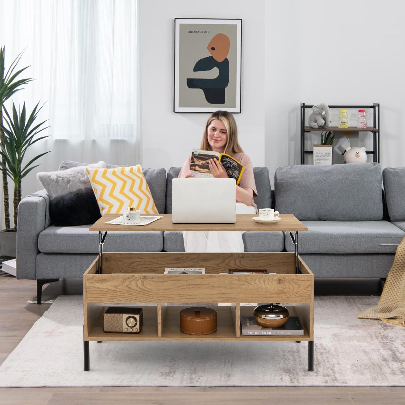 COSTWAY Couchtisch Höhenverstellbar, Beistelltisch mit anhebbarer Tischplatte & 3 offenen Fächern, Wohnzimmertisch aus Holz mit großem verstecktem Fach, Kaffeetisch für Wohnzimmer, Büro (Natur)