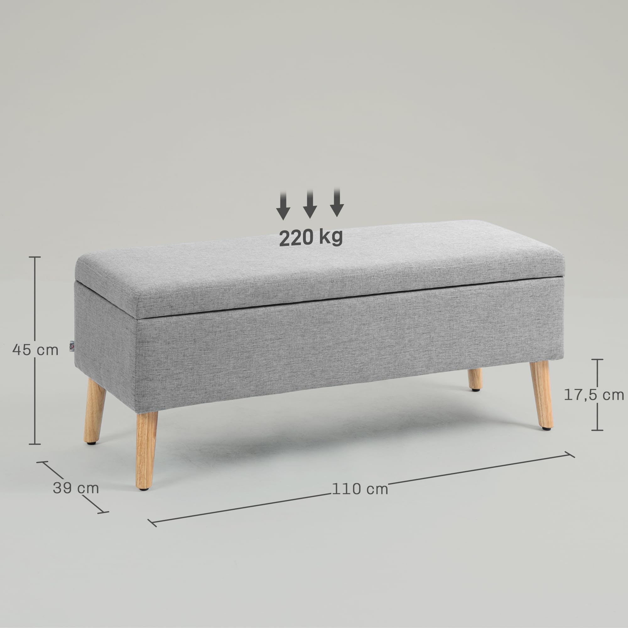 HOMCOM Sitzbank mit Stauraum Polsterbank mit Leinenoptik, Sitztruhe mit Holzbeine, Truhenbank für Wohnzimmer Schlafzimmer Flur 110 x 39 x 45 cm, Grau