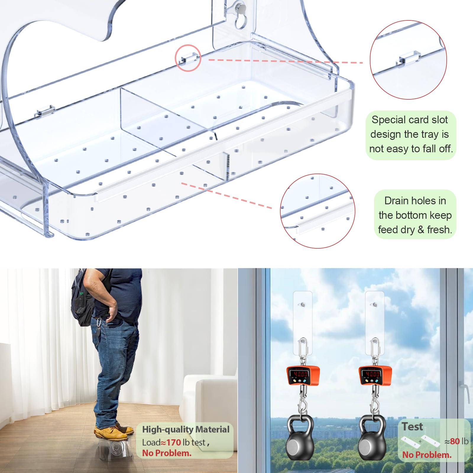 Goodeco Clear Window Bird Feeder - Outdoor Window Feeder with Bird Water Bowl & Strong Self-Adhesive Hooks for Outside Watchings - with a Brush, Easy to Clean, Ideal Gifts for Mom Parents - Additional View
