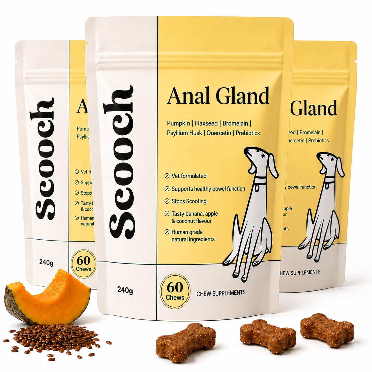 Scooch Anal Gland Supplement for Dogs 180 Soft Chews (3-Pack) | Fibre Support for Gut Health and Digestion | Helps Reduce Scooting and Odour | Natural, Plant-Based, Vet-Formulated | All Breeds