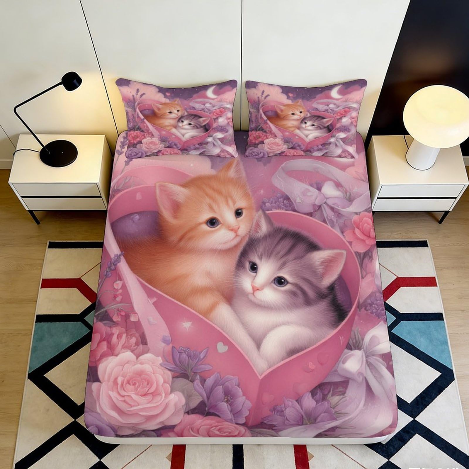 Pnayamiorkfel Style-8 3D Printed Cute Kittens Fitted Sheet Microfiber Soft Floral Heart Bed Cover For Bedroom Guest Room Decor 90X200x25cm