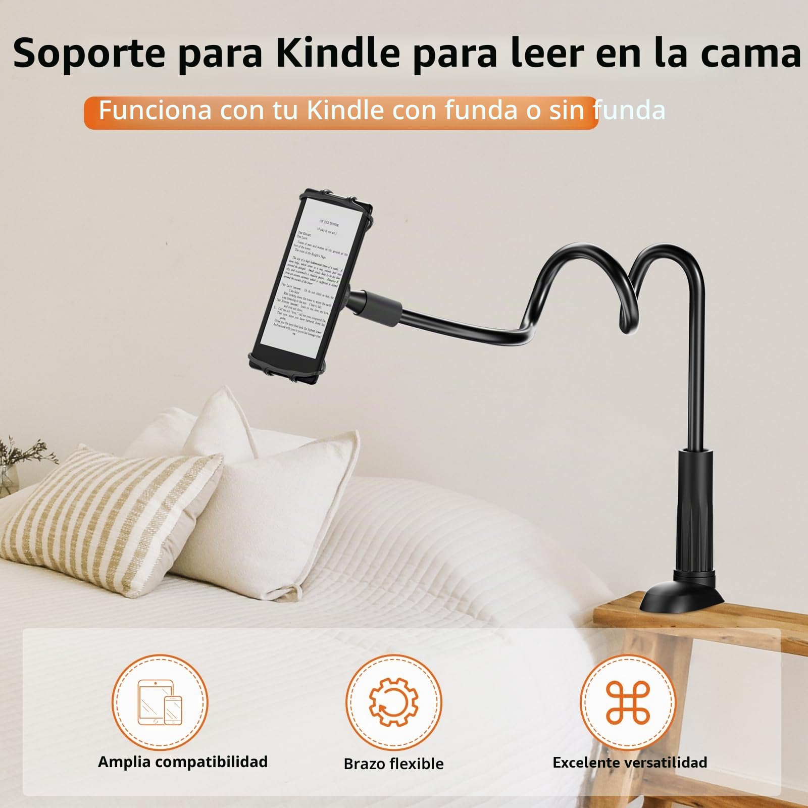 Arctiiro Soporte para cama Kindle para leer en la cama, soporte para teléfono para cama Kindle Paperwhite - Soporte para teléfono de cama, soporte de clip para auriculares de escritorio para tabletas