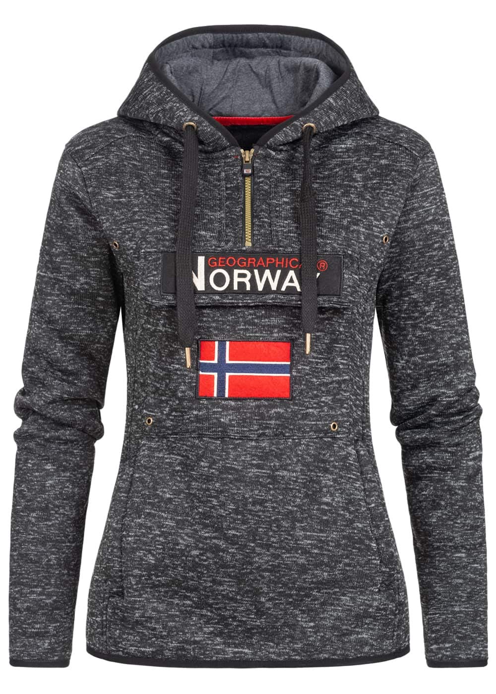 Geographical Norway Damen Half Zip Hoodie Kapuzenpullover Sweater Brusttasche Embro Känguru Pocket Sleeve Rupper Patch
