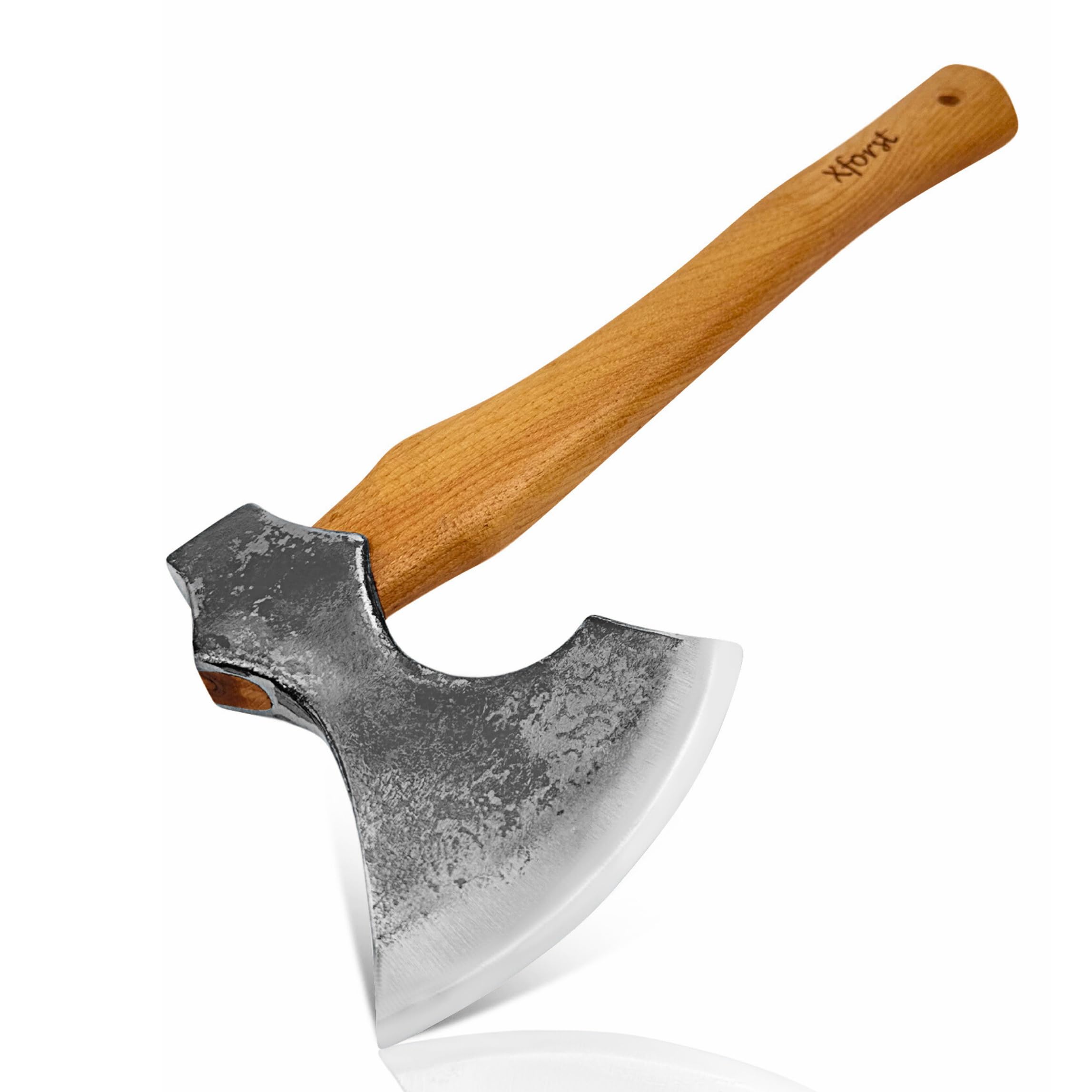 Xforst Hache Viking Barbue 38 cm | Hachette Bushcraft, Camping & Outdoor | Tête Forgée en Acier au Carbone 500 g | Manche en Bois de Hickory | Protège-Lame en Cuir Inclus | 0,87 kg WIK