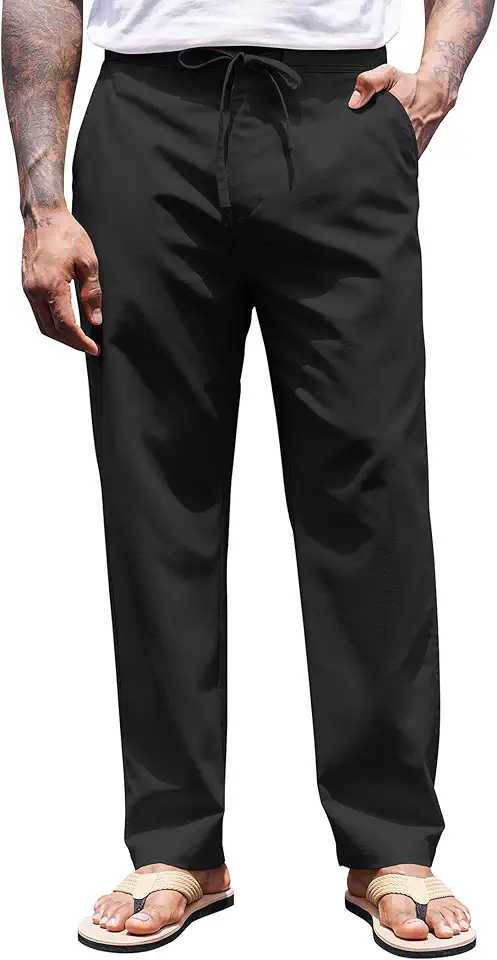 COOFANDY Men's Casual Linen Pants Elastic Waist Drawstring Yoga Beach Pants Lightweight Loose Fit Trousers with Pockets