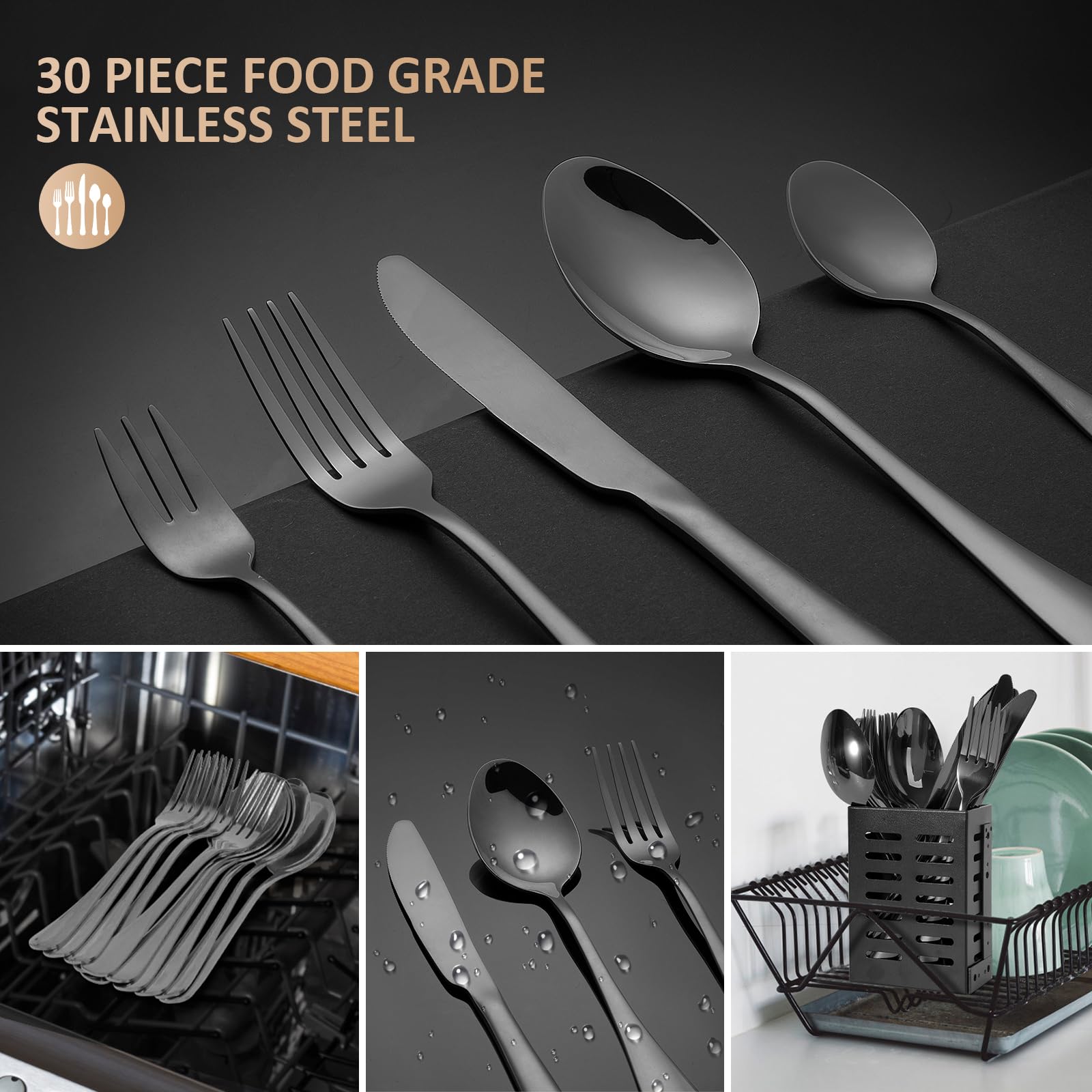 Set Posate Nere 30 Pezzi In Acciaio Inox - Servizio Moderno Per 6 Persone Lavabile In Lavastoviglie - Foto 12