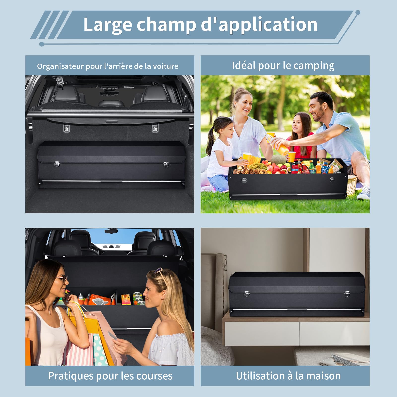 Organiseur de coffre de voiture, en cuir imperméable, avec couvercle et poignée stable, compartiment de rangement pour emballage, SUV, accessoires de voiture (Noir, XXL (101 * 29 * 31cm))