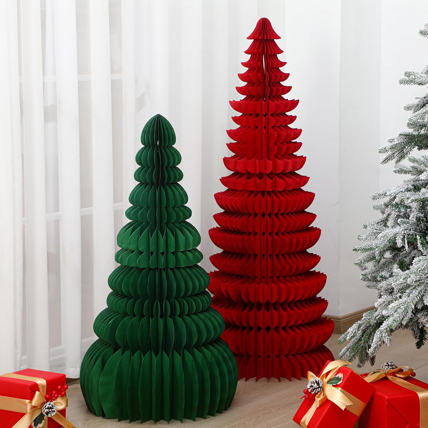 ( incomplete missing piece) Leinuosen 2 Pcs 47'', 35'' Red, Green Large Paper Christmas Tree Decorations Cut Paper Christmas Tree Vintage Cut Xmas Decor Honeycomb Xmas Decoration for Festival Holiday Indoor Decor
