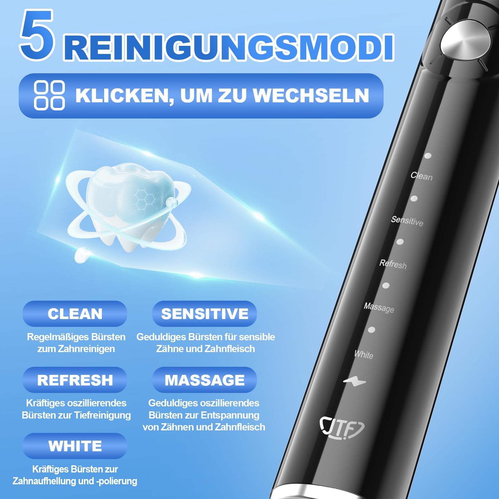 JTF Spazzolino Elettrico Sonico Adulti con 5 Modalità di Spazzolamento, Spazzolini Elettrici ad Ultrasuoni Impermeabile IPX7, 6 Testine, Sensore di Pressione, Timer e Custodia Spazzolino da Viaggio