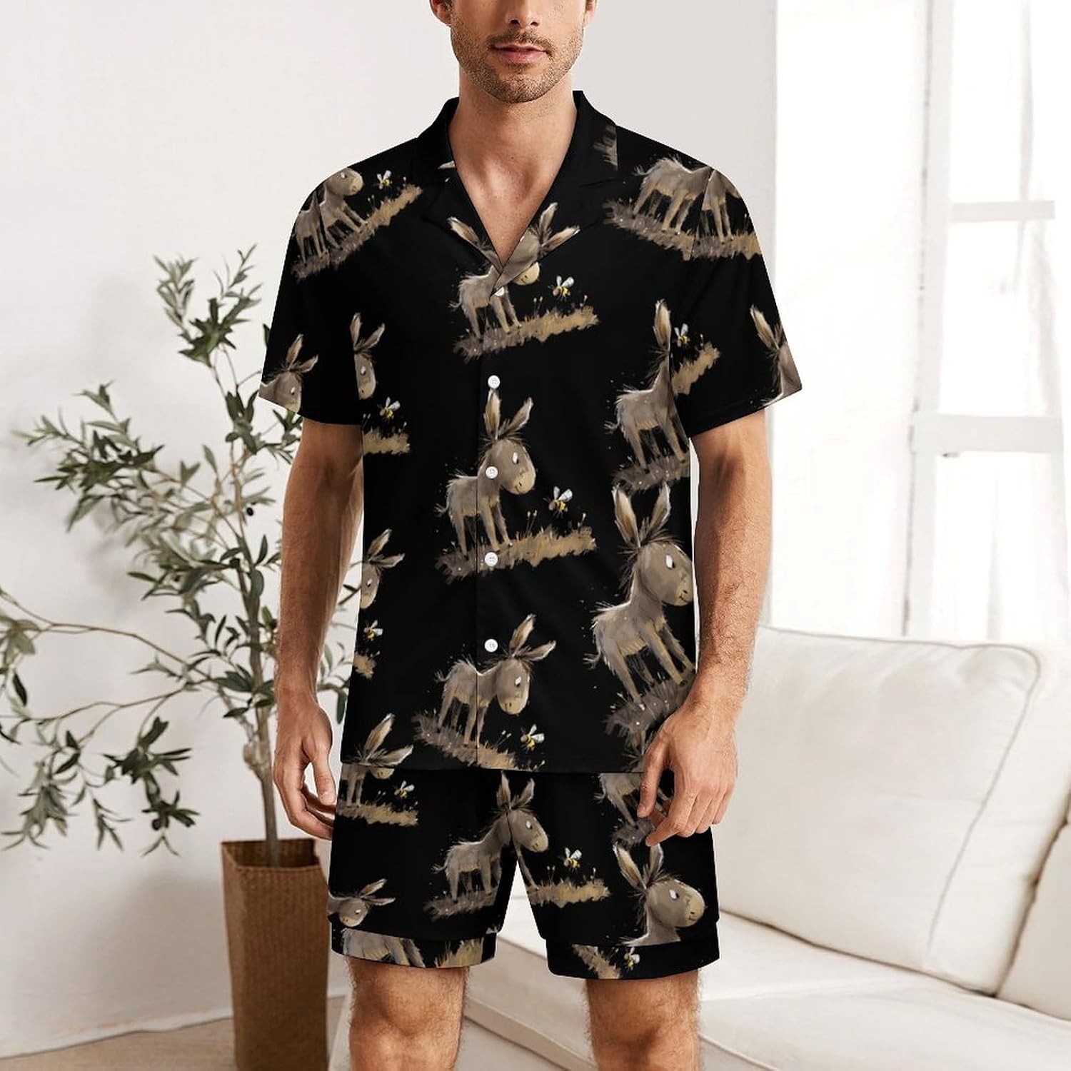Donkey with A Bee Men's Short Sleeve Pajama Set Satin Silk Like Lounge Sleepwear