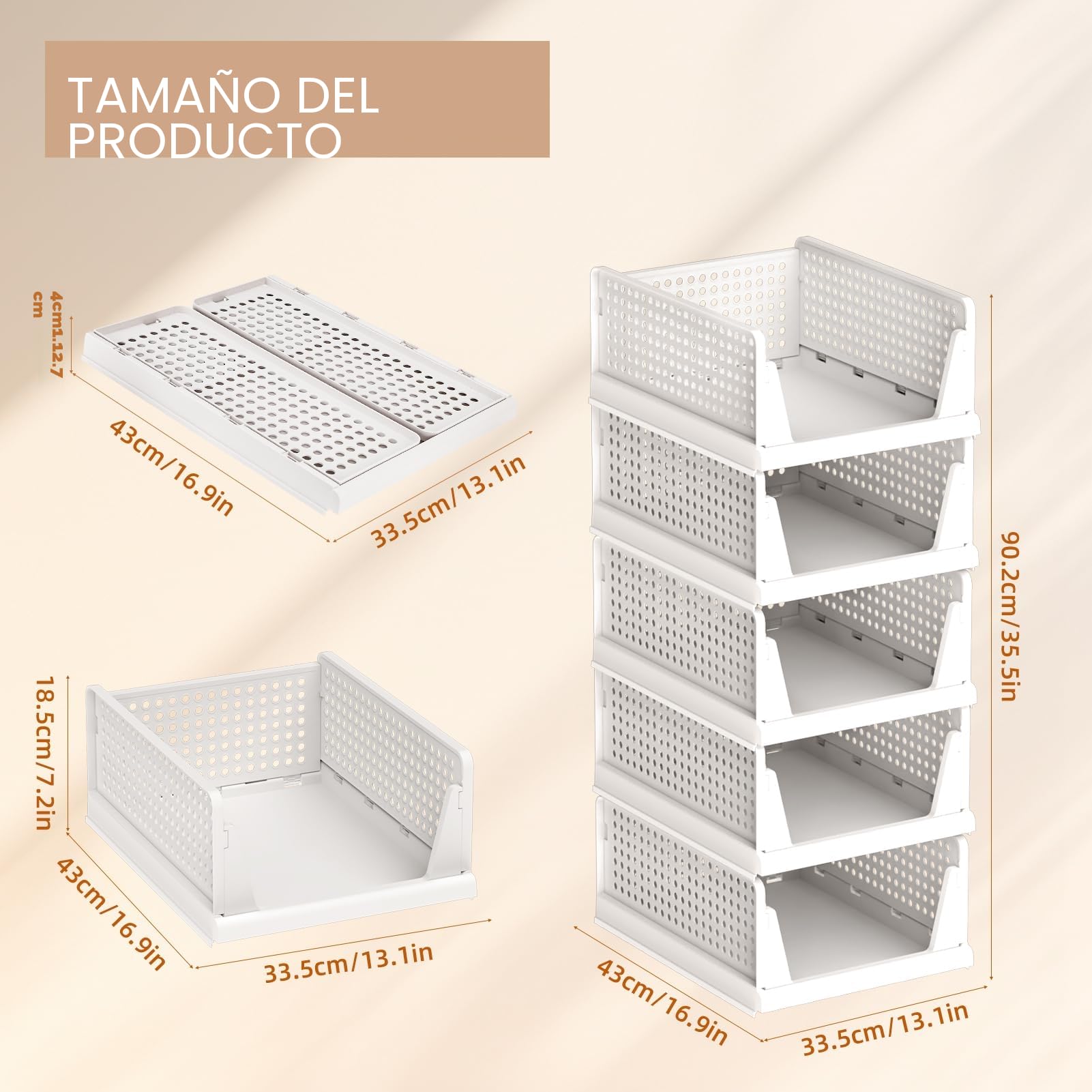 Zikenis 5 Piezas Organizador Armario, Apilables Cajones para Armario, Plástico, Plegables Cajones Almacenaje, Organizador de Armario para Ropa, Dormitorio, Cocina, Oficina, Baño