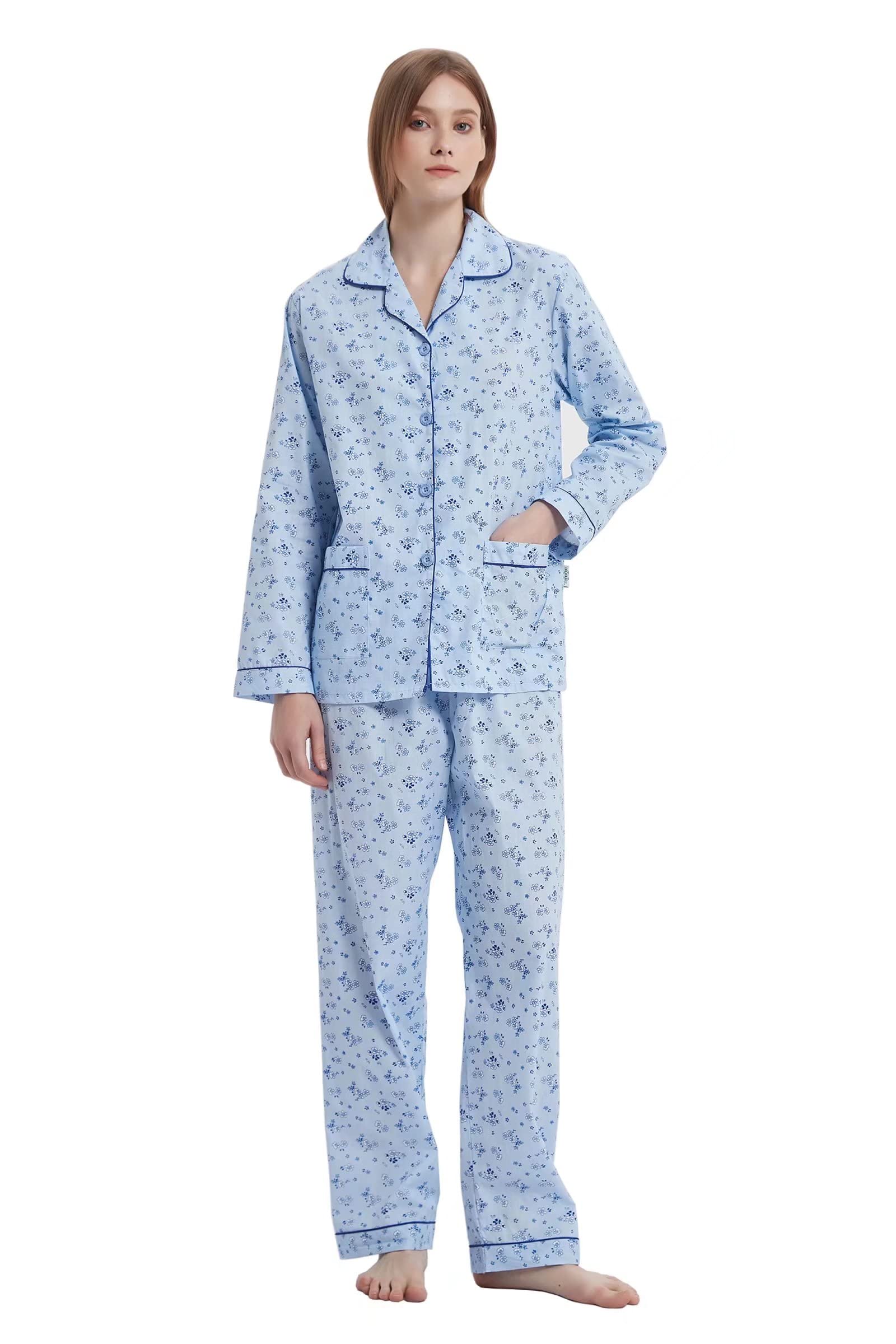 GLOBAL Damen Schlafanzug Set Langarm, 100% Baumwolle