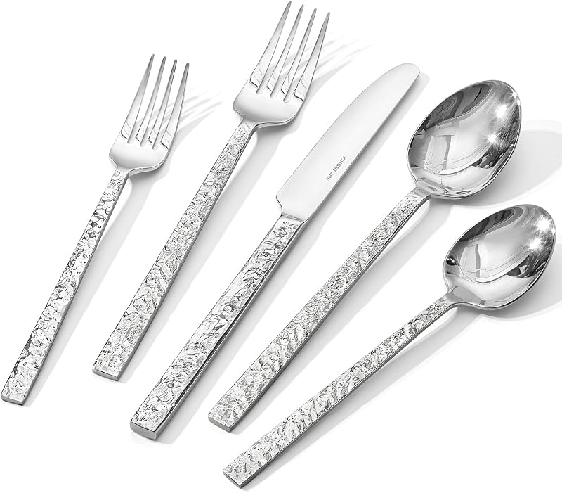 60 Pcs Hammered Silverware Set for 12, 18/10 Stainless Steel Heavy Duty Flatware Set, Tableware Cutlery Utensil Sets for Home Restaurant Dishwasher Safe