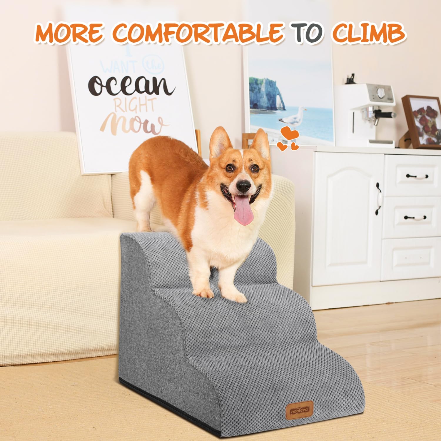 Nobleza Escalera para Perros, Escaleras Rampa para Perros Mascotas de Espuma de 3 Escalones con Rodillo para Pelusa, Escalera para Cama de Perros Pequeños Perros y Gatos Subir a la Cama