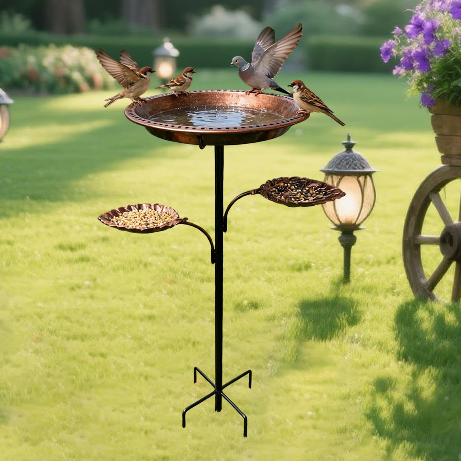 Fenteer Bebedero para pájaros de exterior, comedero metálico, resistente y estable, multifuncional, ideal para decorar el jardín. Incluye estaca de 5 puntas