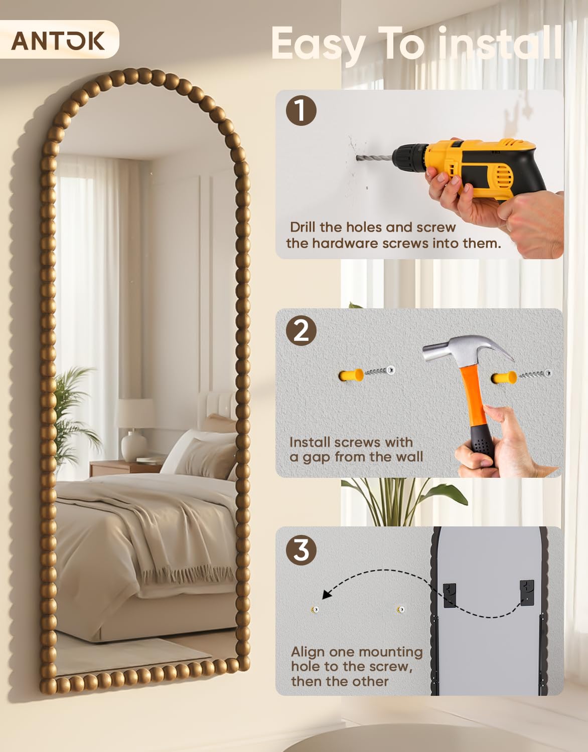 Antok 180x71 cm Ganzkörperspiegel Standspiegel - Arch Gerader Winkel Spiegel mit HD Glas BogenSpiegel Wandspiegel für Wohnzimmer Schlafzimmer, Hellbraun