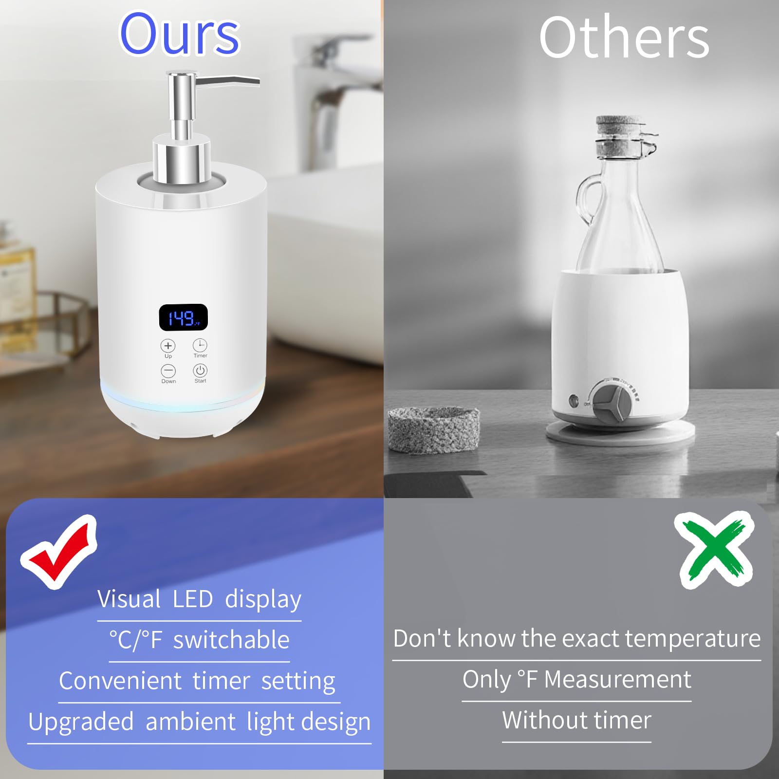 Calentador de aceite para masajes, iklestar calentador digital para botellas de aceite para masajes con luz ambiental, dispensador eléctrico portátil para lociones corporales calientes, blanco