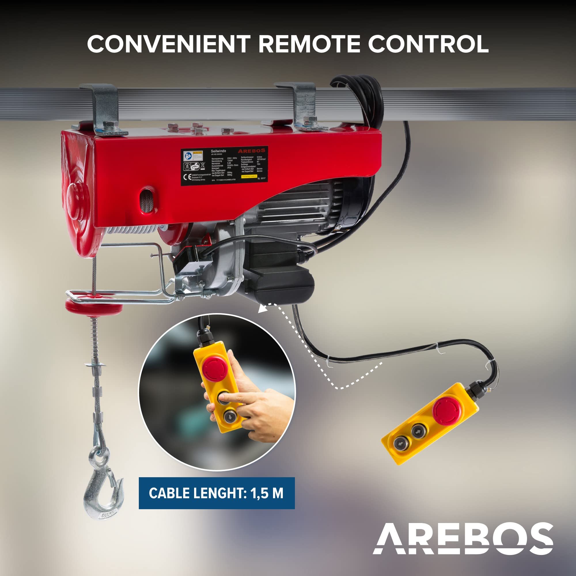 Arebos Elektrische Kabeltakel 500 W | Elektrische Lier met Afstandsbediening | Capaciteit 100 kg tot 200 kg | Elektrische Takel Hoist Winch Crane | hefgereedschap met, haak | TÜV Rheinland GS