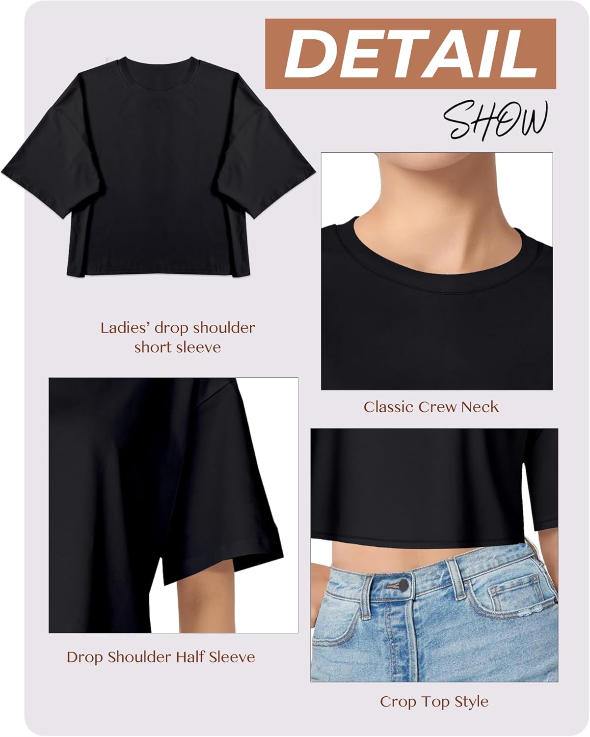 Women's Basic Crop Top Drop Shoulder T Shirt Half Sleeve Cropped Tee Crewneck Short Sleeve Casual Summer Solid Crop Tops - Image 4