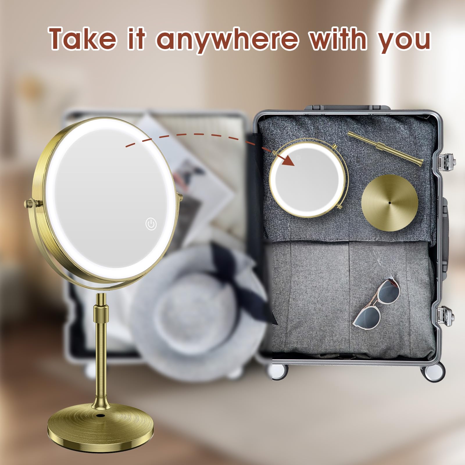 MILPROX Adjustable Height Makeup Mirror with 10X Magnification & Light