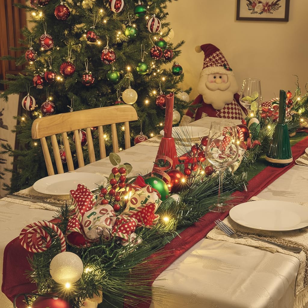 Valery Madelyn 6 Feet Pre-Lit Christmas Garland with Lights for Mantle, Lighted Outdoor Xmas Garland with Red Green White Balls & Bows for Home Stairs Fireplace Table Centerpiece Indoor Holiday Decor