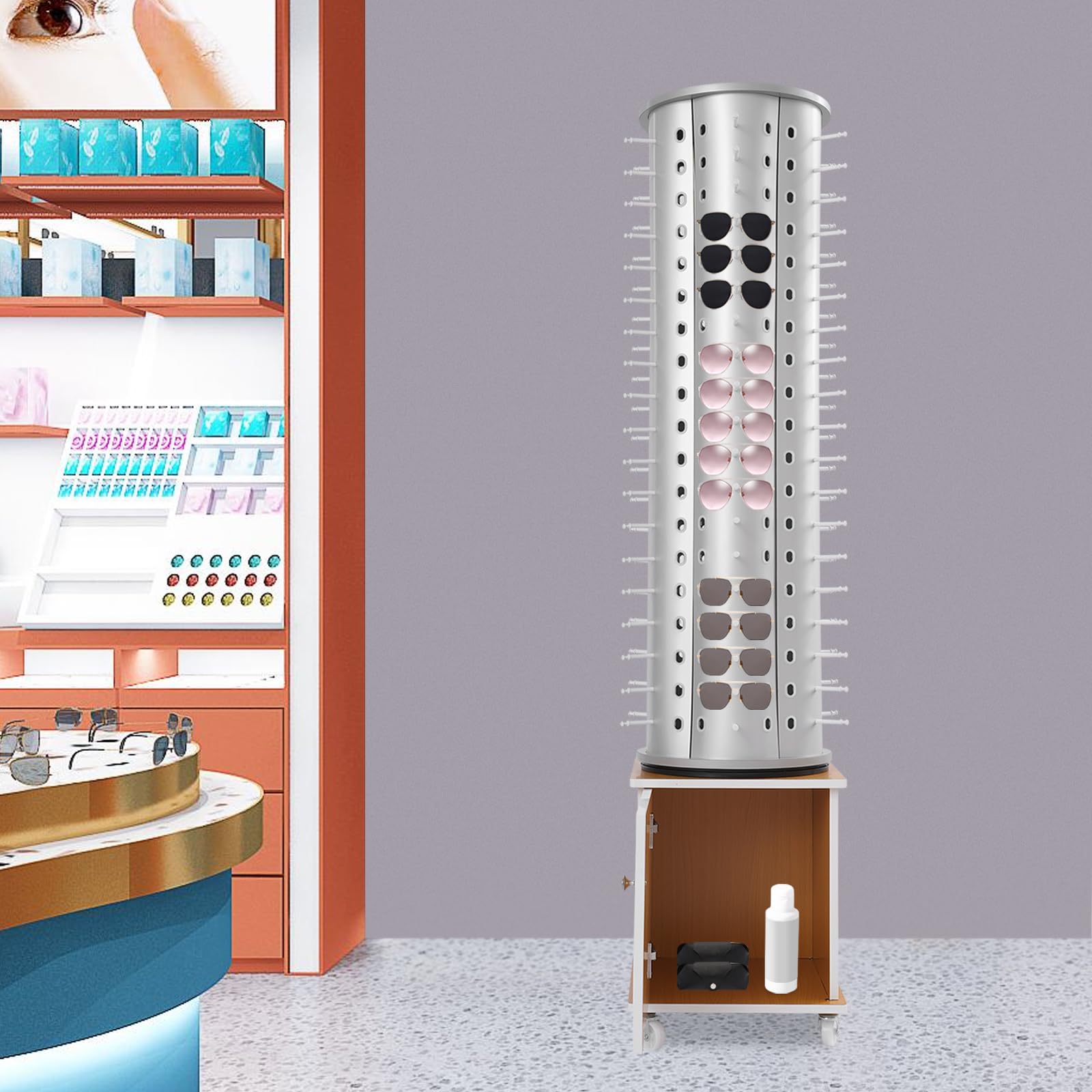 Soporte de exhibición de gafas, estante de almacenamiento para 114 pares, organizador giratorio de 360° para gafas de sol y gafas de lectura, ideal para tiendas minoristas y ópticas