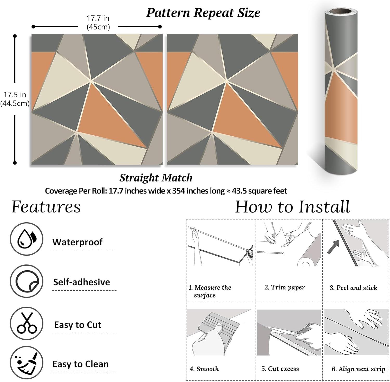 VEELIKE Apex Geometric Peel and Stick Wallpaper Grey Orange Geometric Wallpaper Roll 17.7''x354'' Removable Wallpaper Geometric Contact Paper Self Adhesive Vinyl Wall Paper for Bedroom Bathroom Walls
