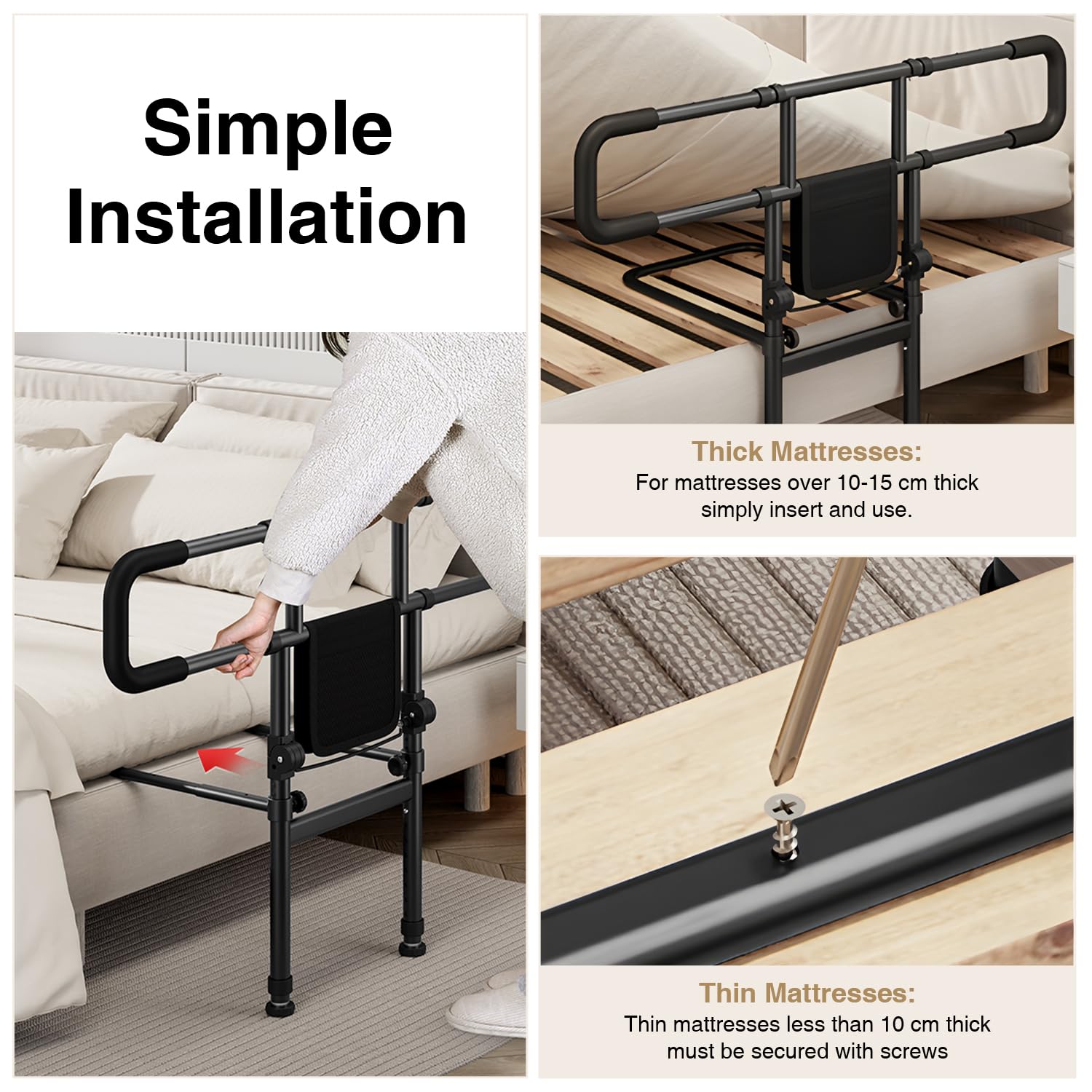 Guide da letto pieghevoli per anziani, donne incinte, bambini, con guide estraibili, altezza 79-97 cm, larghezza 83-109 cm, custodia e cintura di sicurezza