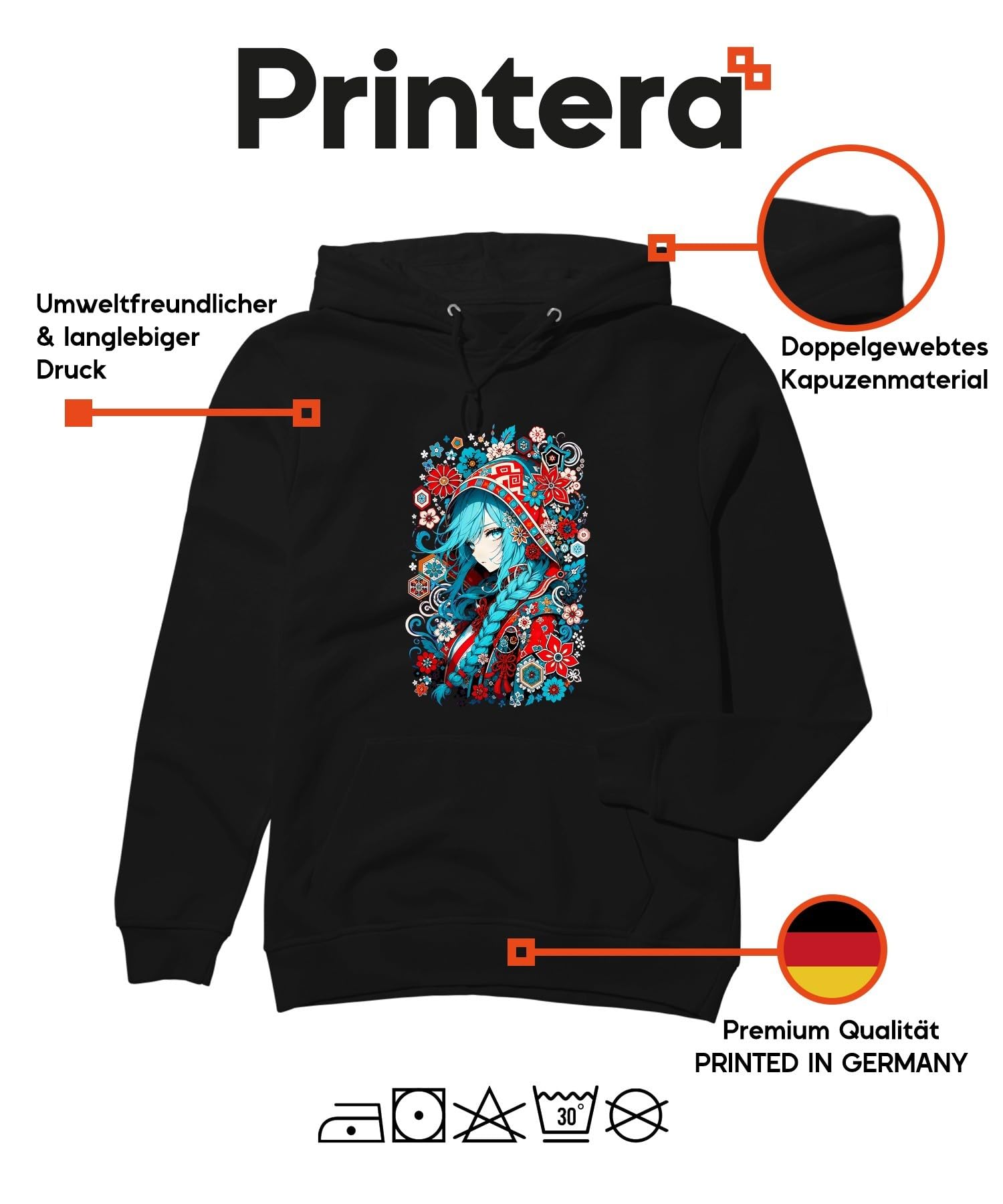 Anime dziewczęca niebieskie włosy Japonia Y2K bluza z kapturem, czarna, L | Aesthetic warkocz kwiaty tradycyjny Cosplay fantazja prezent dla geek kolorowy portret folkloru