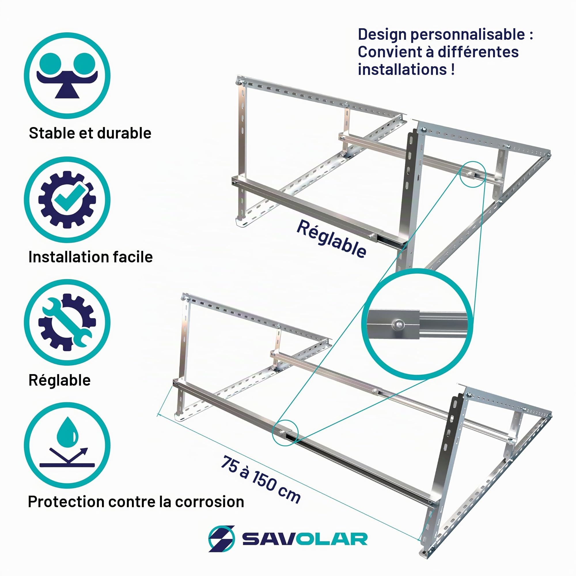 Lot de 2 supports solaires en aluminium et acier inoxydable, montage mural, pour centrale électrique de balcon jusqu'à 117 cm, angle réglable de 0 à 90°