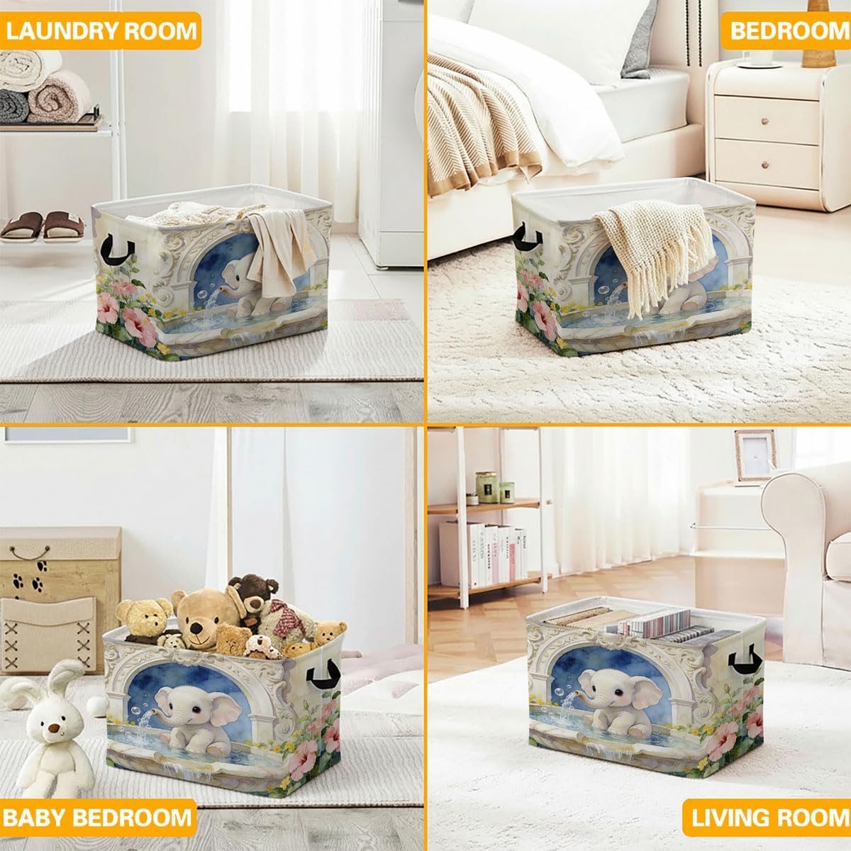 56L Cute Elephant Foldable Square Laundry Hamper with Handles – Large Clothes, Blanket & Toy Storage Basket for Home Organization.
