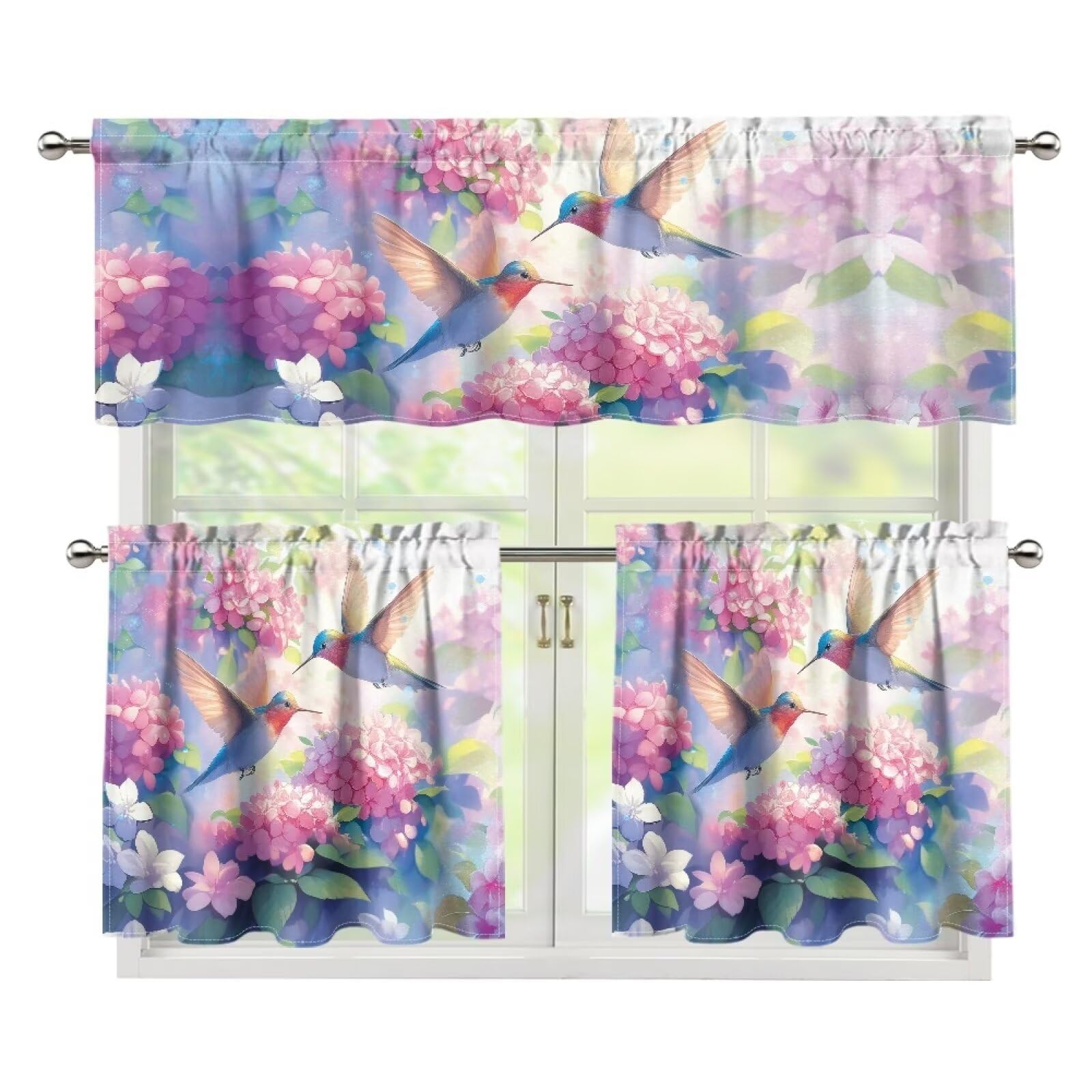 HUISEFOR Hummingbird Kitchen Curtains and Valances Set, Hydrangea Floral Rod Pocket Window Treatment Tier and Valances 3 Piece 24 Inch Cafe Decor