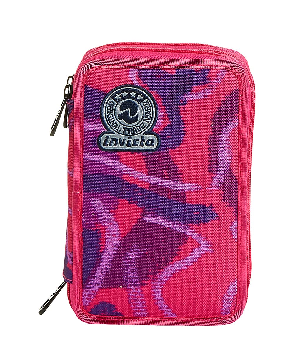Invicta S. P. A. Astuccio 3 Scomparti, Street Jungle, Rosa, Completo di Matite, Penne, Pennarelli, Fucsia, Taglia Unica