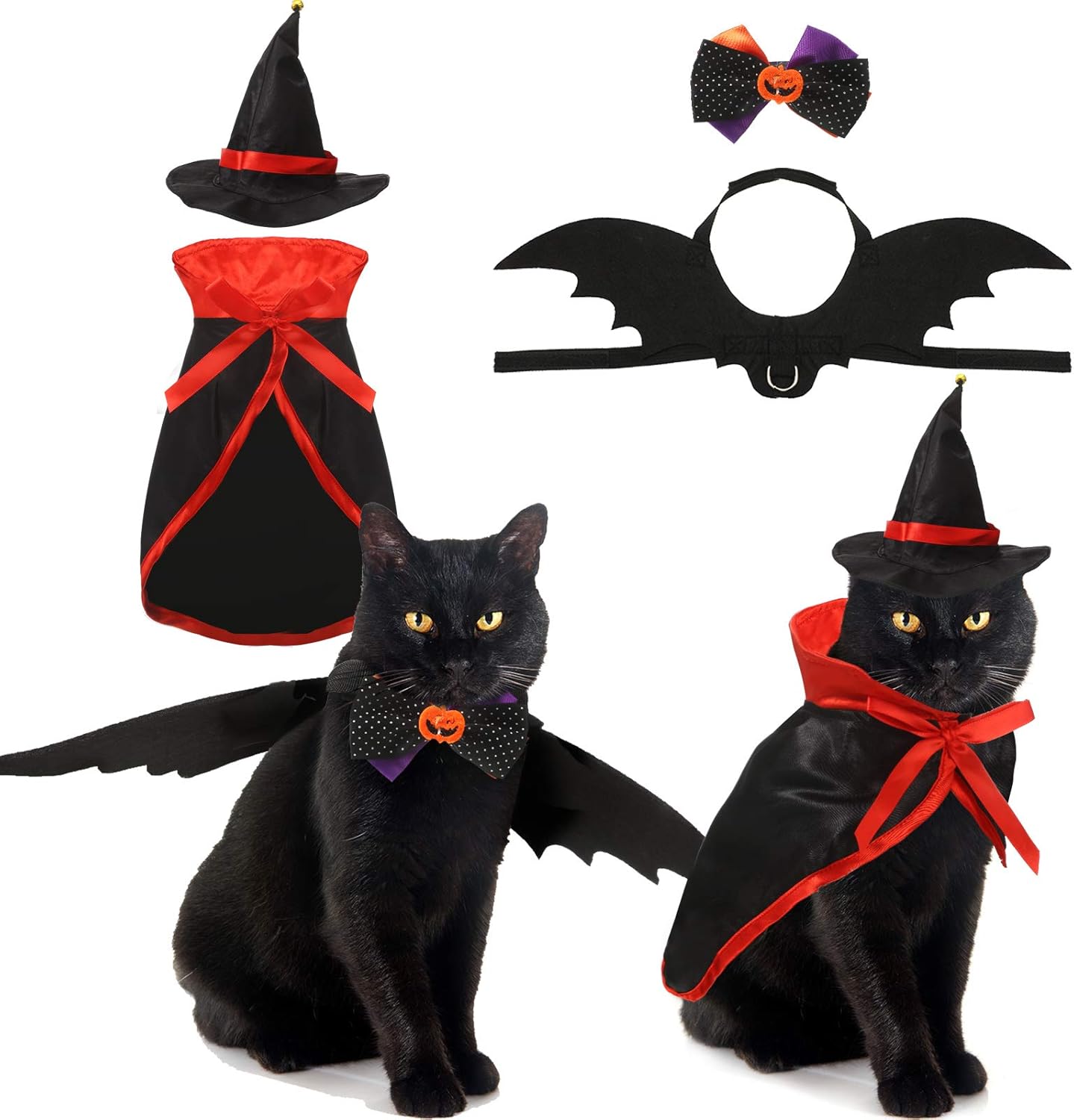 Frienda 2 sets accesorios de disfraz de gato Halloween, capa vampiro, sombrero bruja
