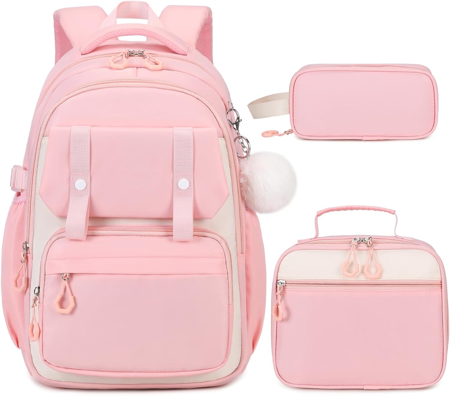 Scothen 3PCS Girls Backpack Set, Kids School Backpack for Girls with Lunch Bag Pencil Case, Large Pink Cotton Nylon Waterproof School Backpack
