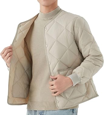 Mens Long-Sleeved Diamond Quilted Jacket Winter Warm Padded Coats Outwear Thicken Solid V Neck Cotton Coat Beige 2,3X-Large