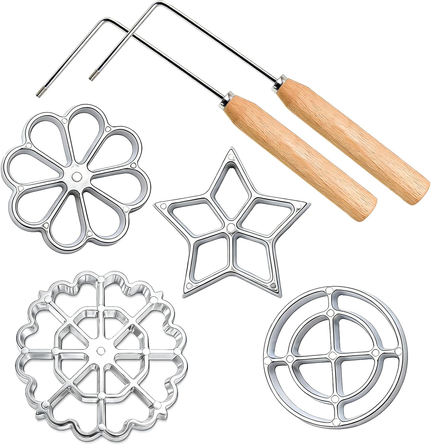 Bunuelos Mold with Handle, Rosette Iron Mold Set Cooking Stamp Maker Kit, Aluminum Alloy Cookie Cutter Waffle Maker with 2 Handles & 3 Interchangeable Head Christmas Tree Snowflake Flower