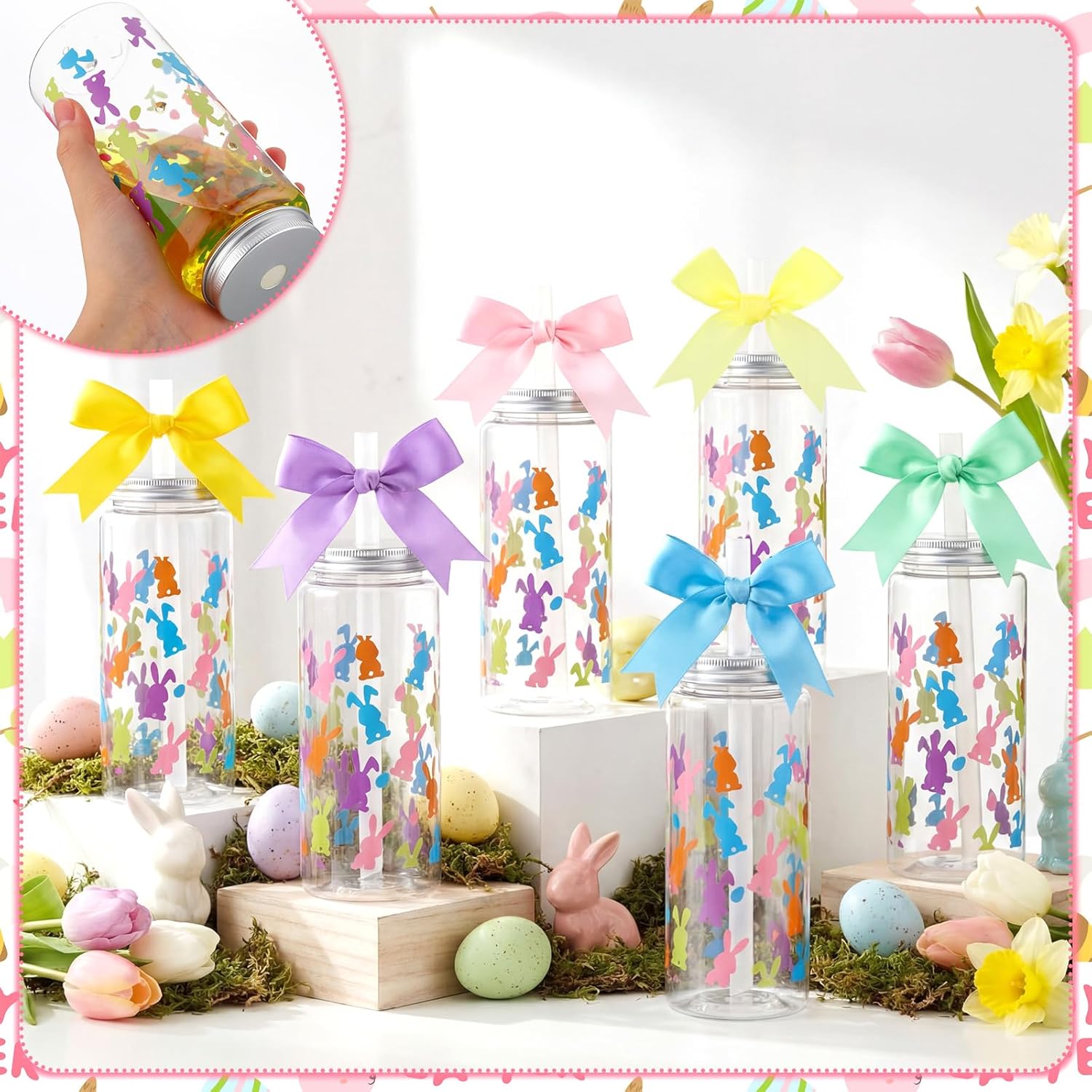 Qinyoung 24 Pcs Reusable Easter Plastic Tumblers with Lids and Straws Bow Bulk 13.5 oz Easter Bunny Cups Colorful Bunny Plastic Cup for Easters Party Favors Supplies Beverage Ice Coffee Beer Juice - Image 6