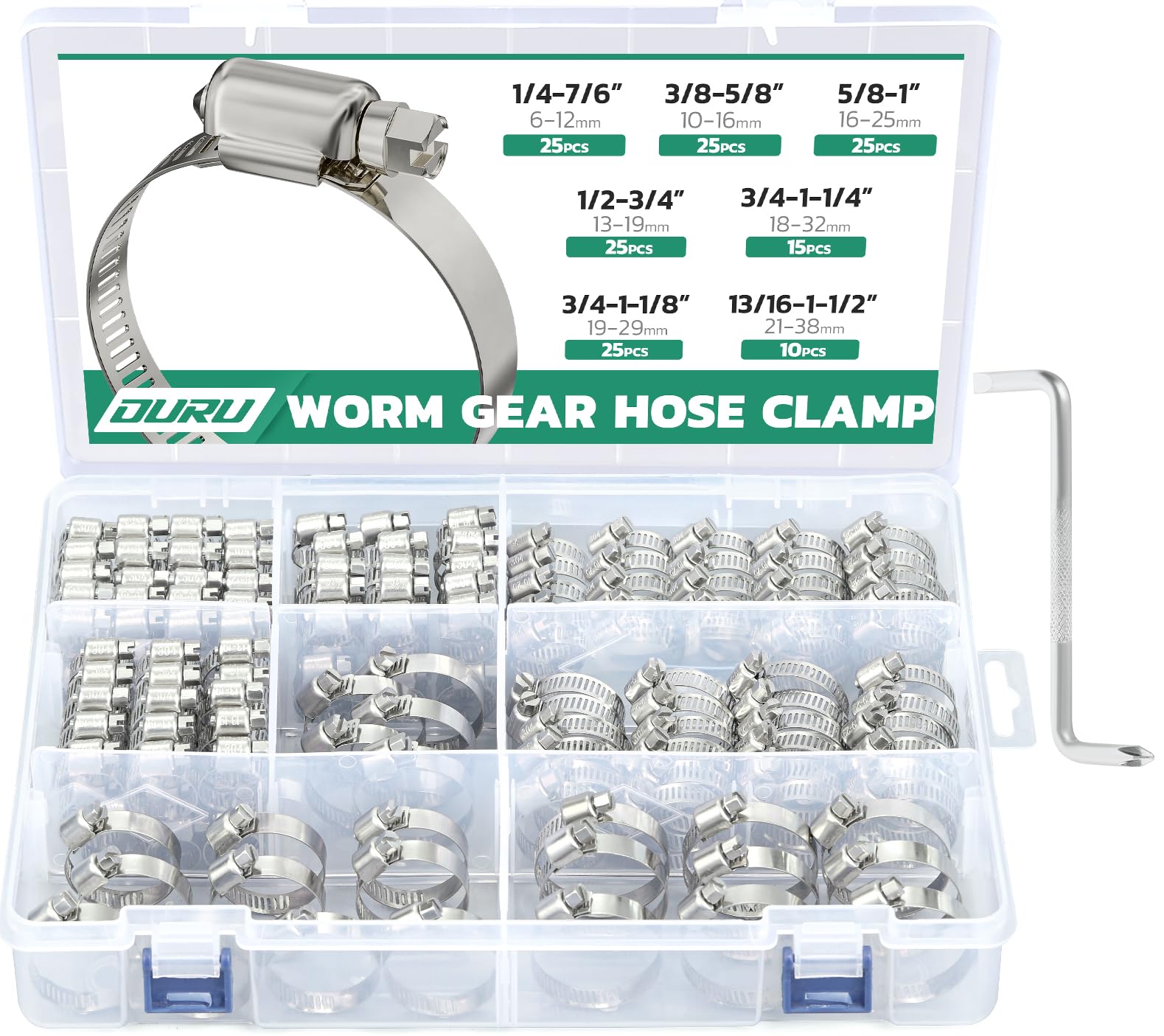 OURU 150PCS Hose Clamps Stainless Steel Assortment Adjustable 1/4"-1-1/2"(6-38mm) Worm Gear Hose Clamp, Heavy Duty Metal Small Hose Clamps for