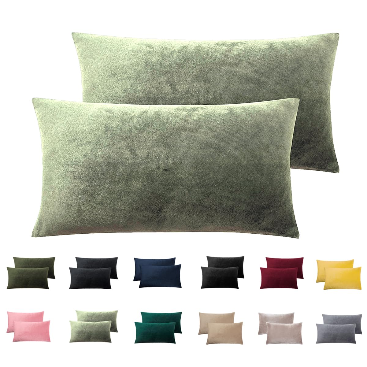 Soifox Velvet Warm Pillow Cases 2 Pack Sage Green, Winter Thermal Pillowcases with Envelope Closure