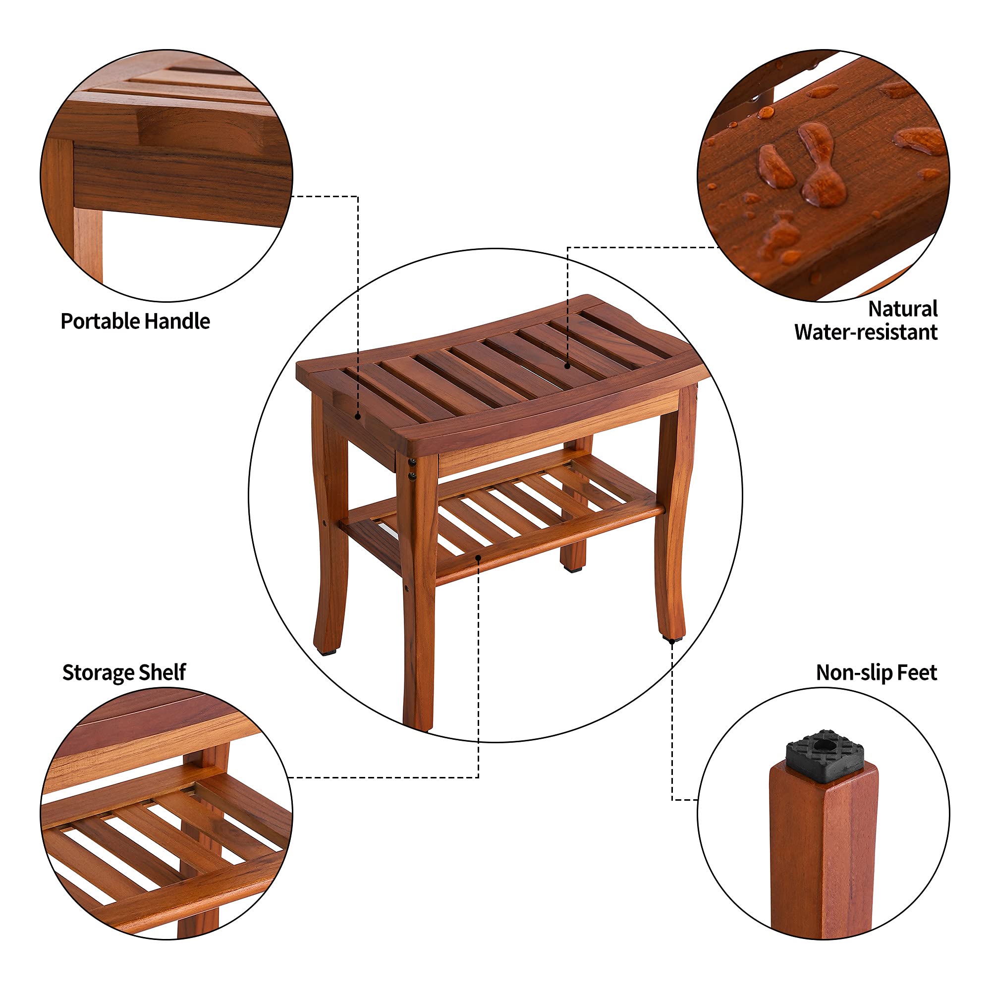 Teak Shower Bench, Spa Bath Shower Stool with Storage Shelf, Wooden Seat Stool for Bathroom