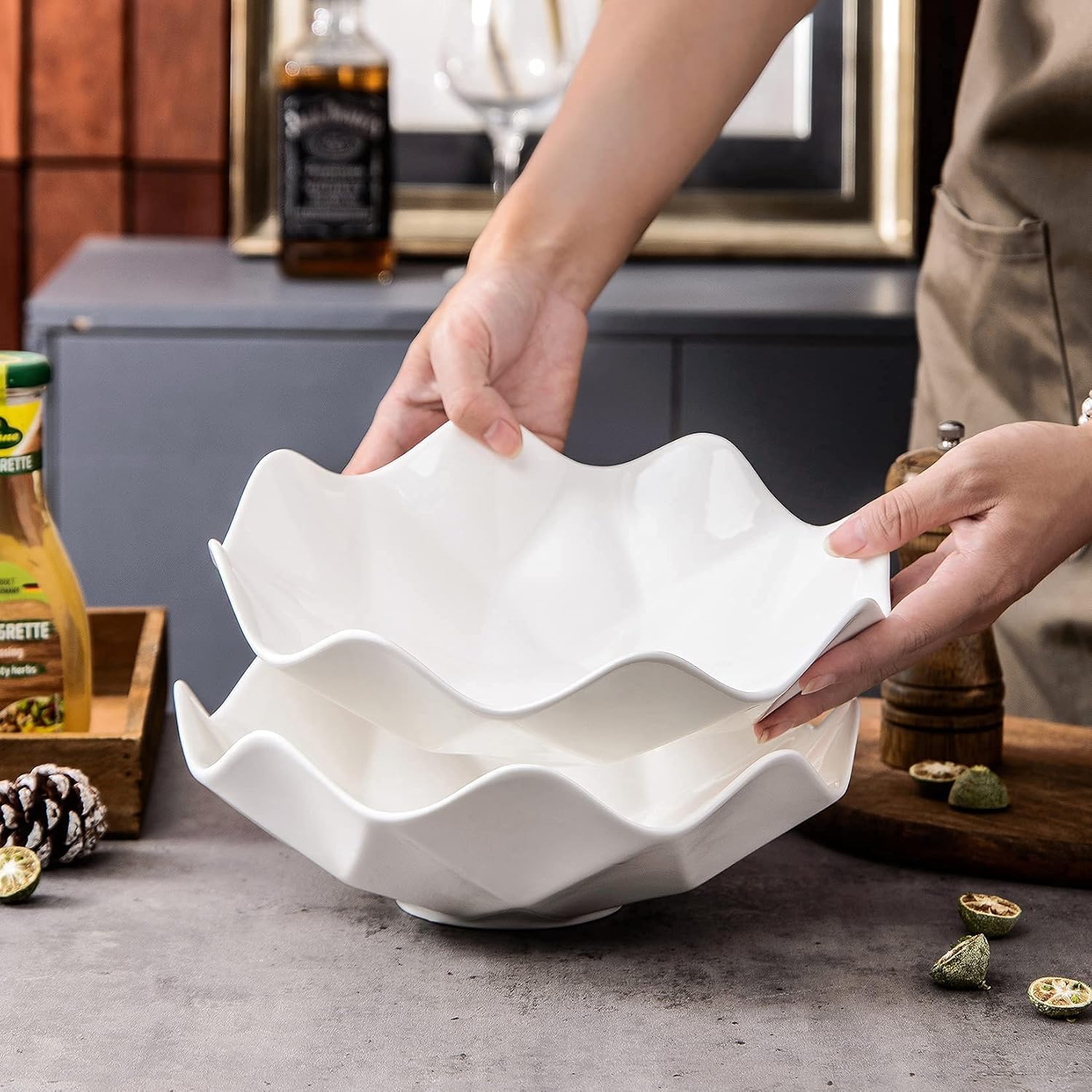 10" Wave Decorative Fruit Bowl for Kitchen Counter,Salad Bowls and Platters,Large Seving Bowls for Pasta, Candy, Set of 2（White Ceramic Bowl Modern）