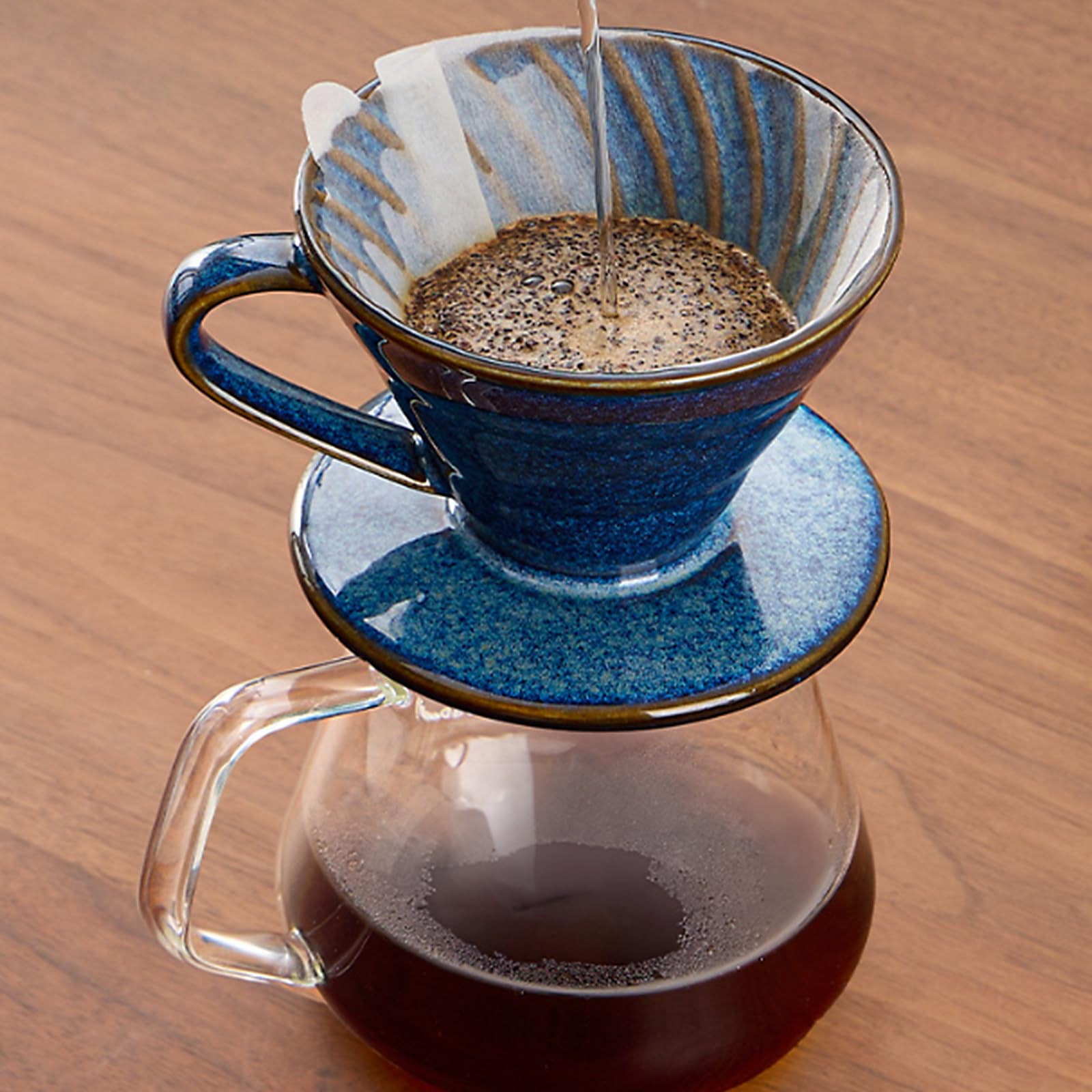 MURYE Filtro de café de cerámica esmaltada azul, resistente, hecho a mano, para verter sobre gotero de cerámica