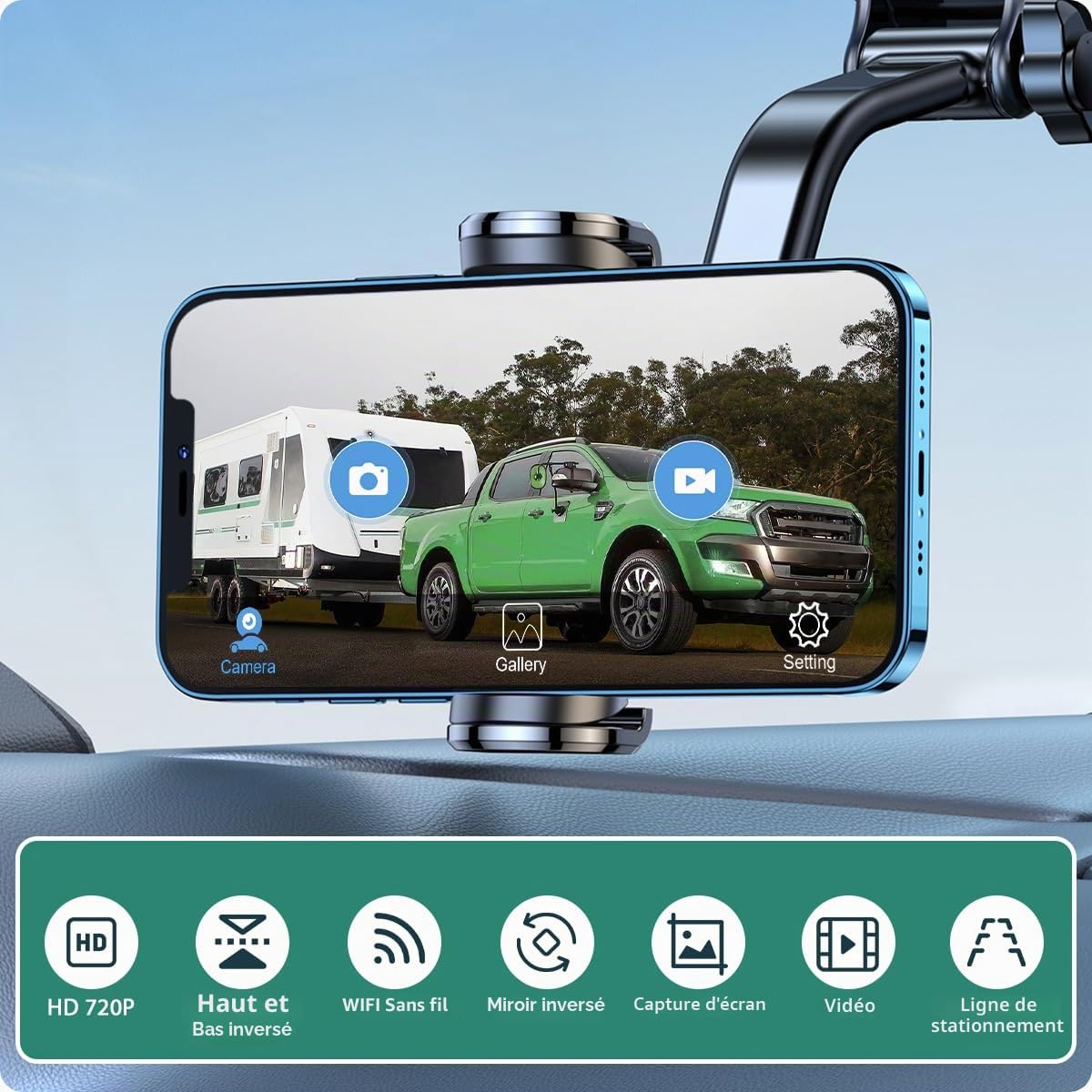 GreenYi Caméra de recul sans fil WiFi pour voiture, GreenYi 5G 720p HD, caméra de recul pour iPhone, iPad, smartphone Android, tablette avec grand angle de vue de 170 degrés
